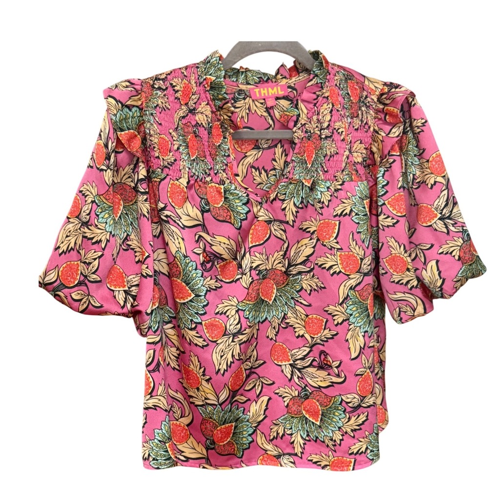 THML Blouse Tropical Fruit Floral XS Pink Excellent Smocked Puff Sleeve V-Neck